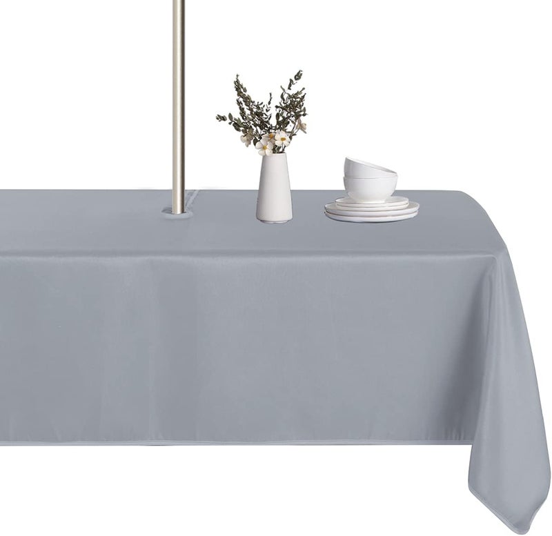 LUSHVIDA Rectangle Outdoor Tablecloth with Umbrella Hole and Zipper, 52x70 Inch Silver, Washable Waterproof Table Cloth Spill Proof Wrinkle Free Table Cover for Patio Spring Summer Picnic BBQS - Image 1