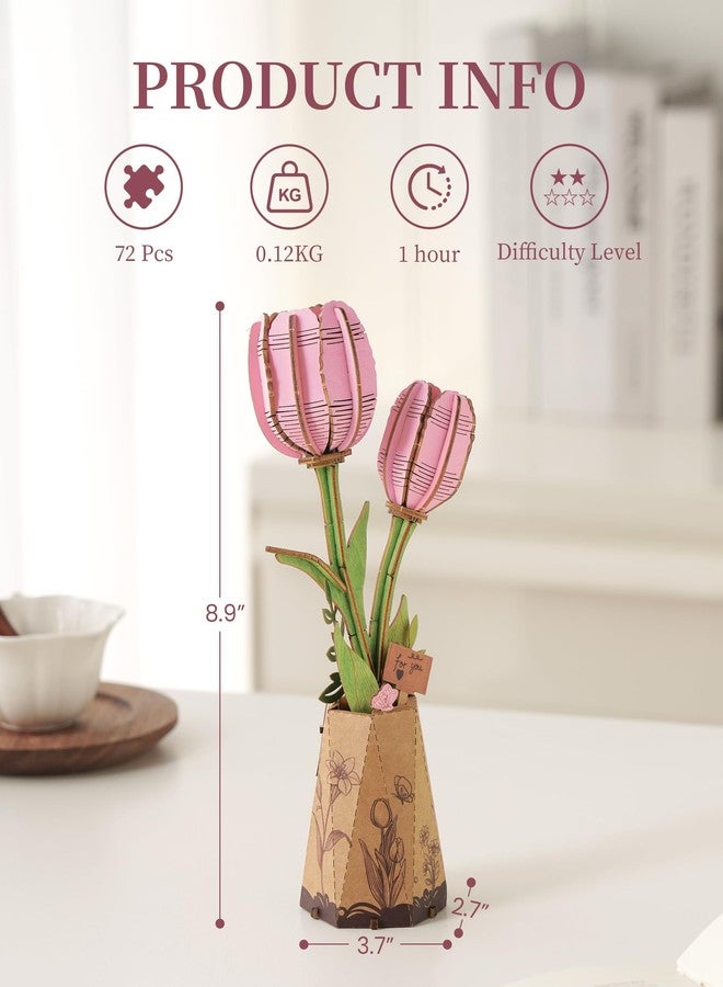 Wowood 3D Flower Wooden Puzzles for Adults-Pink Tulip, DIY Wooden Flowers Model Kit Building Set Crafts for Adults to Build, Botanical Collection/Ideal Creative Gift Ideas/Housewarming (72PCS) - Image 4