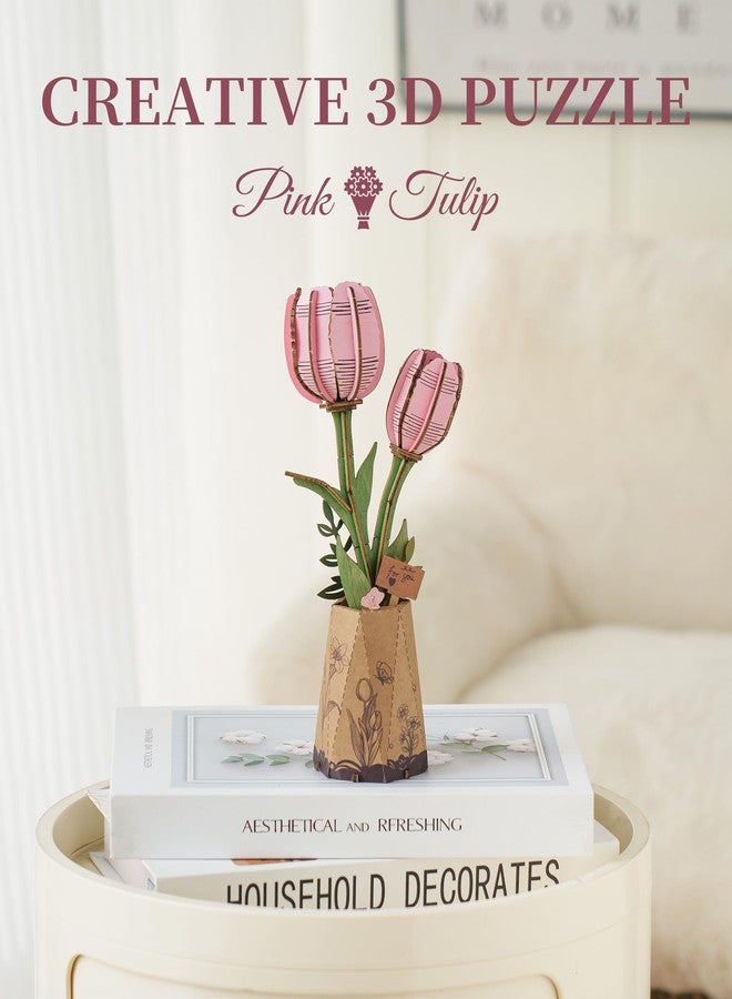 Wowood 3D Flower Wooden Puzzles for Adults-Pink Tulip, DIY Wooden Flowers Model Kit Building Set Crafts for Adults to Build, Botanical Collection/Ideal Creative Gift Ideas/Housewarming (72PCS) - Image 2