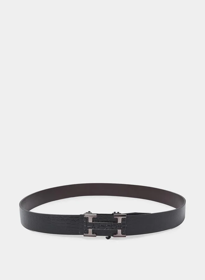ستايلي Men Black Croc-Embossed H-Metal Buckle Belt