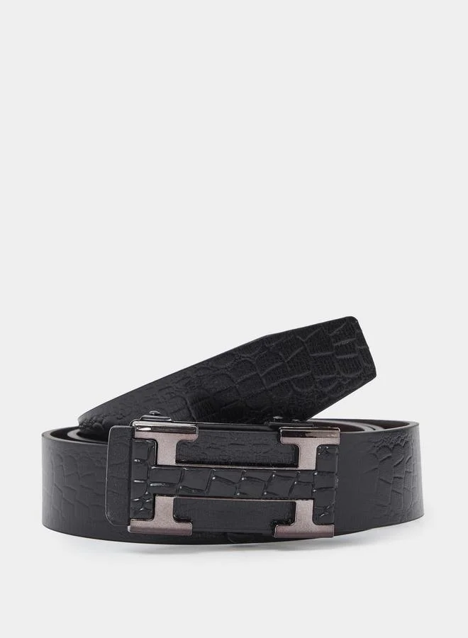 ستايلي Men Black Croc-Embossed H-Metal Buckle Belt