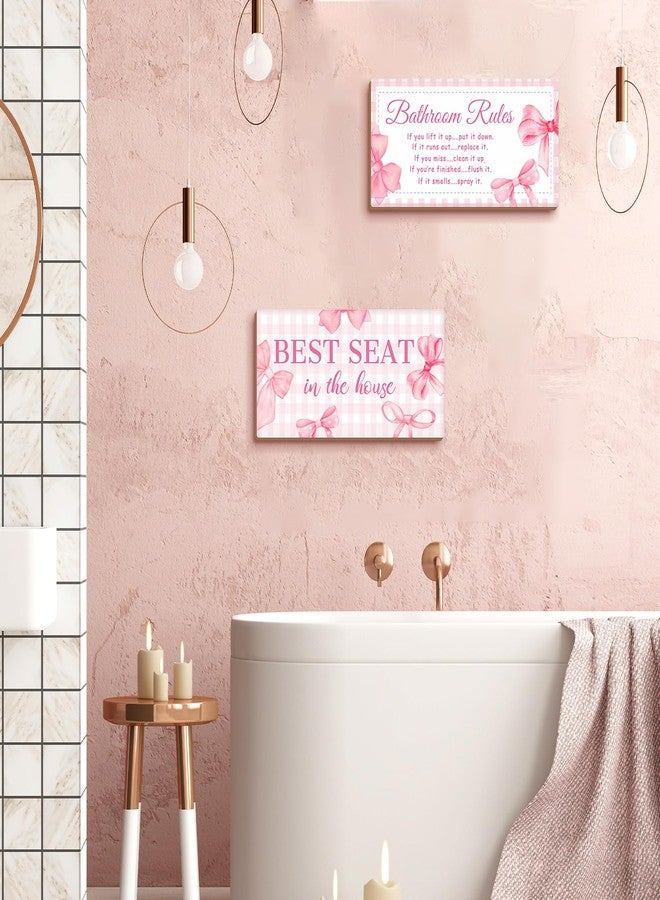 جيتك لوحة جدارية من قطعتين من Jetec بتصميمات مرحة للحمام، تحمل شعار قواعد الحمام الريفي، وتُستخدم لتزيين الحمام بشكل ريفي، وتتميز بمقعد خشبي مثالي (بتصميم فيونكة وردية). - Image 4