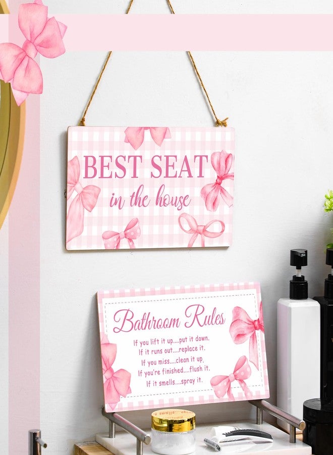 جيتك لوحة جدارية من قطعتين من Jetec بتصميمات مرحة للحمام، تحمل شعار قواعد الحمام الريفي، وتُستخدم لتزيين الحمام بشكل ريفي، وتتميز بمقعد خشبي مثالي (بتصميم فيونكة وردية). - Image 2