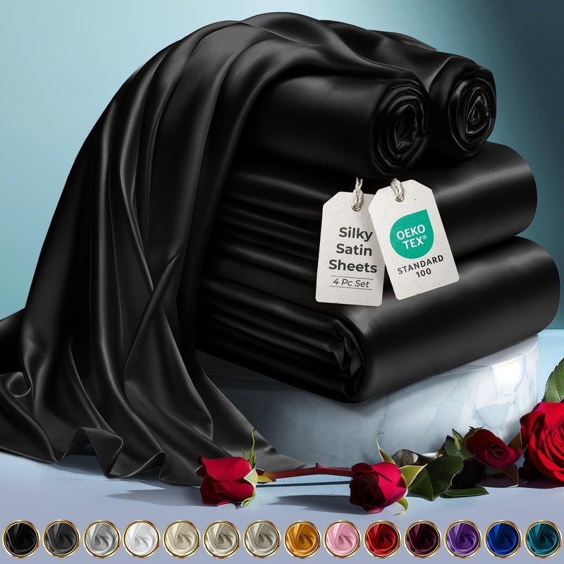 DECOLURE Satin Sheets Twin Set 4pcs - Comfy Hotel Luxury Silk Feel Satin Bed Sheets Twin- Elegant Silky Soft Twin Size Satin Bed Set  Wrinkle-Free Twin Black Satin Sheets with Deep Pocket Twin (Black) - Image 1