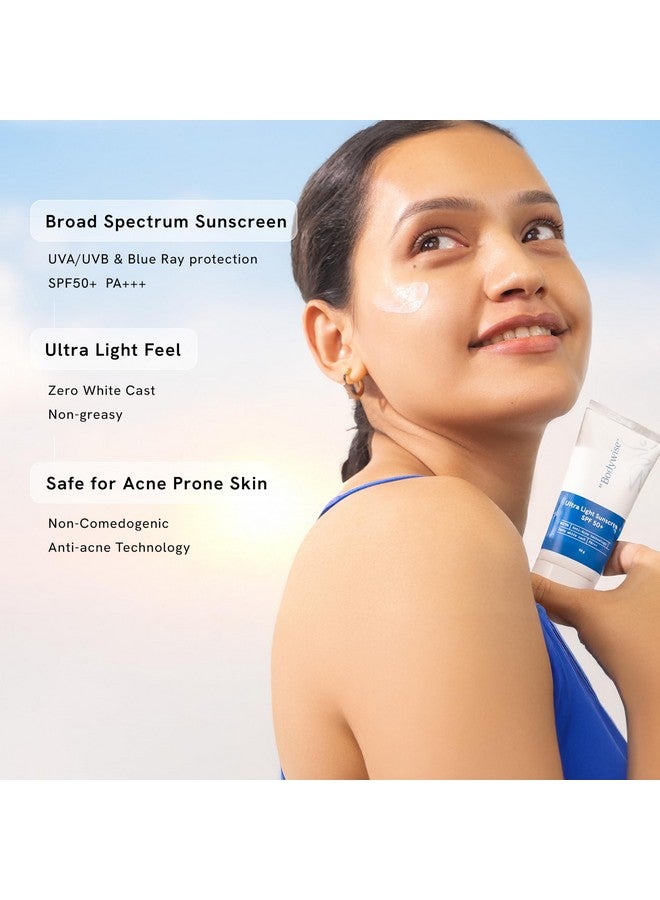 Be Bodywise Ultra Light Sunscreen SPF 50 PA+++ for Oily, Dry, Acne-prone Skin | Broad Spectrum Protection & Blue Light Protection | No White Cast | Non-Greasy | Korean Anti-Acne Technology | Water & Sweat Resistant | Ultra Lightweight Texture | For Men & Women | 50g - Image 4
