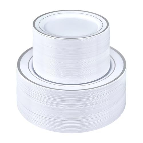 BESTSTAR 200PCS Silver Plastic Plates Set 100 1025 inch Dinner Plates and 100 75 inch Dessert Plates Premium Disposable Plates for Party Wedding - Image 2