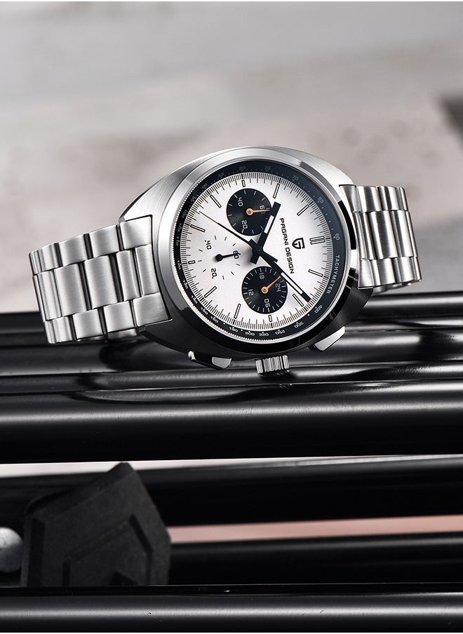 PAGANI DESIGN - Men's Watch Casual Analog Men's Watch Chronograph VK63 Movement Sapphire Mirror 100M Water Resistant Stainless Steel Watch-White Steel - Image 1