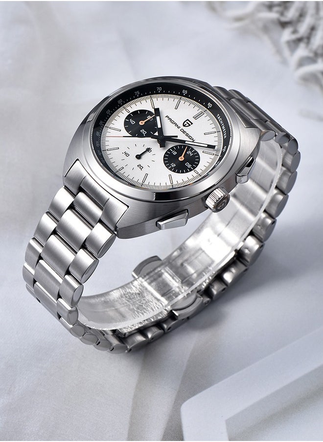 PAGANI DESIGN - Men's Watch Casual Analog Men's Watch Chronograph VK63 Movement Sapphire Mirror 100M Water Resistant Stainless Steel Watch-White Steel - Image 1