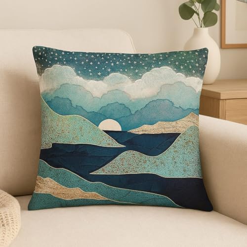 FABANE Jute Cushion Cover 18x18 Inch – Set of 6 Decorative Throw Pillow Covers for Sofa, Couch or Bed – Designer Printed Square Cushion Covers – Home Décor (Blue Moon) - Image 1