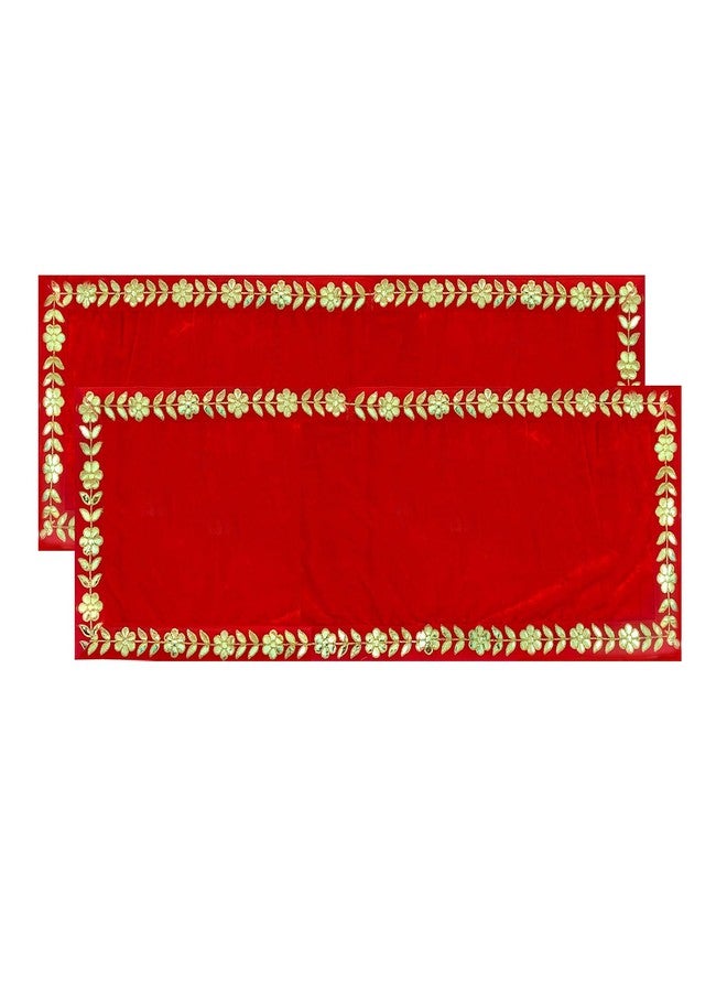 Dulhan Designer Mandir Cloth Pack of 2 Long 10x30 Inch Red Velvet Aasan for Puja Table Chowki God Idol Sitting Baithak Mat - Image 1