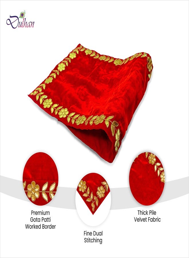 Dulhan Designer Mandir Cloth Pack of 2 Long 10x30 Inch Red Velvet Aasan for Puja Table Chowki God Idol Sitting Baithak Mat - Image 3