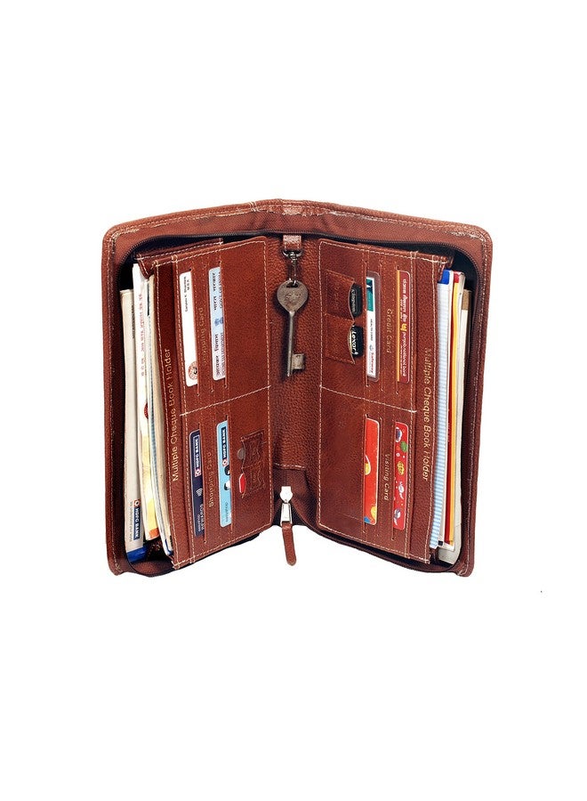 سوكشكرافت حامل دفتر شيكات متعدد من Sukeshcraft | جلد أصلي يحمل ما يصل إلى 8 دفاتر شيكات، وخطاف مفاتيح الخزانة، وفتحتين للصور، وفتحة واحدة لبطاقة Pin-Sim، و13 فتحة لبطاقة الائتمان/الخصم مع سحاب مطابق (جلد - أحمر) - Image 4