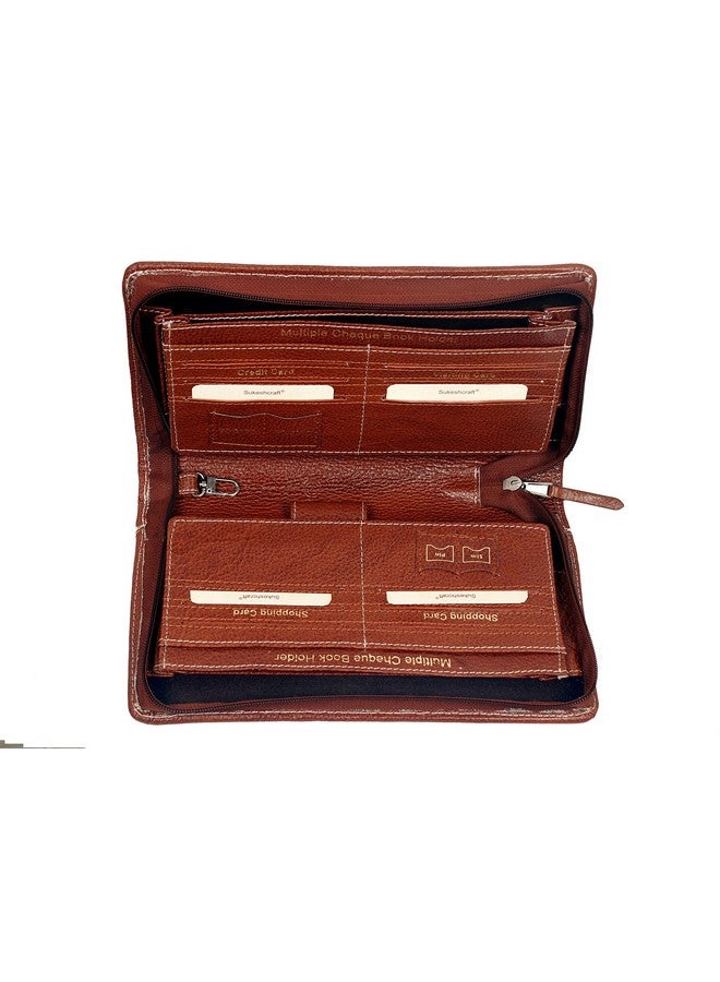 سوكشكرافت حامل دفتر شيكات متعدد من Sukeshcraft | جلد أصلي يحمل ما يصل إلى 8 دفاتر شيكات، وخطاف مفاتيح الخزانة، وفتحتين للصور، وفتحة واحدة لبطاقة Pin-Sim، و13 فتحة لبطاقة الائتمان/الخصم مع سحاب مطابق (جلد - أحمر) - Image 5