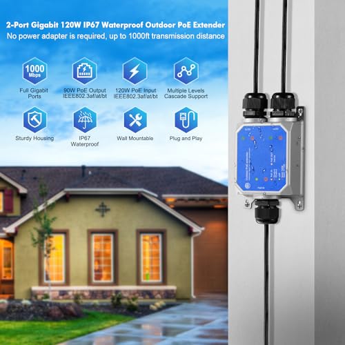 MokerLink IP67 Outdoor 3 Port Gigabit PoE Extender, IEEE 802.3 af/at/bt Repeater 90W, 10/100/1000Mbps, 1 In 2 Out, Wall Mount Metal Waterproof Passthrough Switch - Image 2