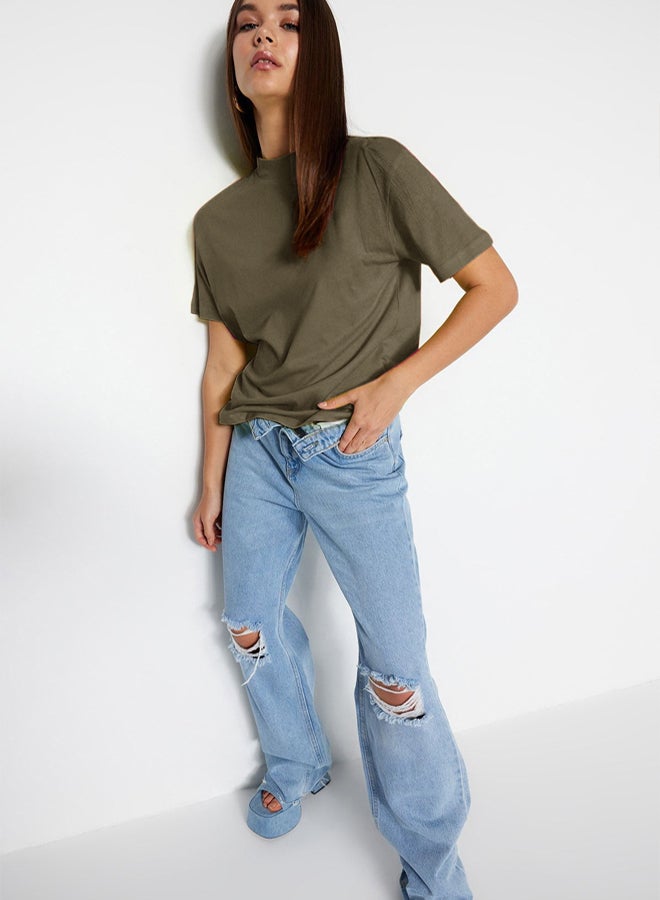 trendyol Dark Khaki 100% Cotton Basic Regular/Normal Pattern Stand Collar Knitted T-Shirt - Image 2