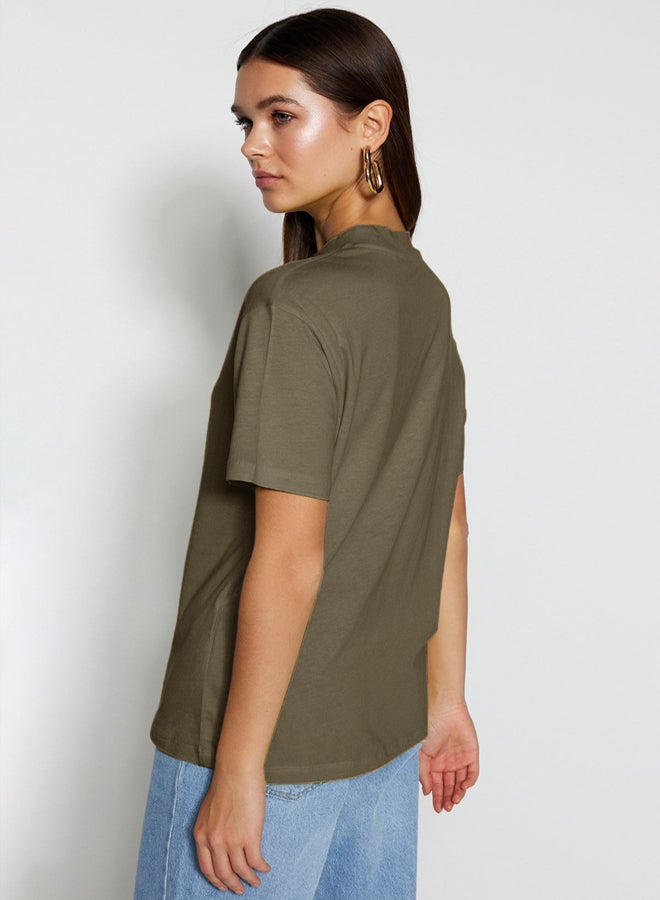 trendyol Dark Khaki 100% Cotton Basic Regular/Normal Pattern Stand Collar Knitted T-Shirt - Image 3
