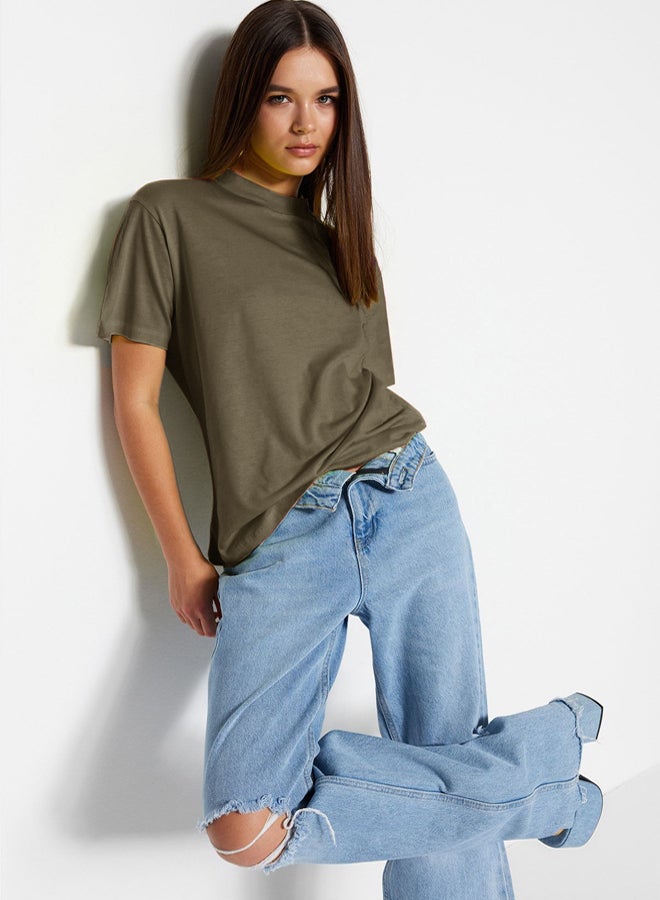 trendyol Dark Khaki 100% Cotton Basic Regular/Normal Pattern Stand Collar Knitted T-Shirt - Image 5