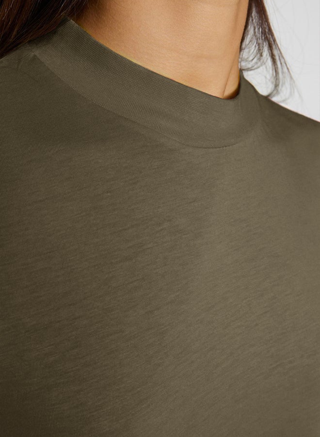 trendyol Dark Khaki 100% Cotton Basic Regular/Normal Pattern Stand Collar Knitted T-Shirt - Image 4