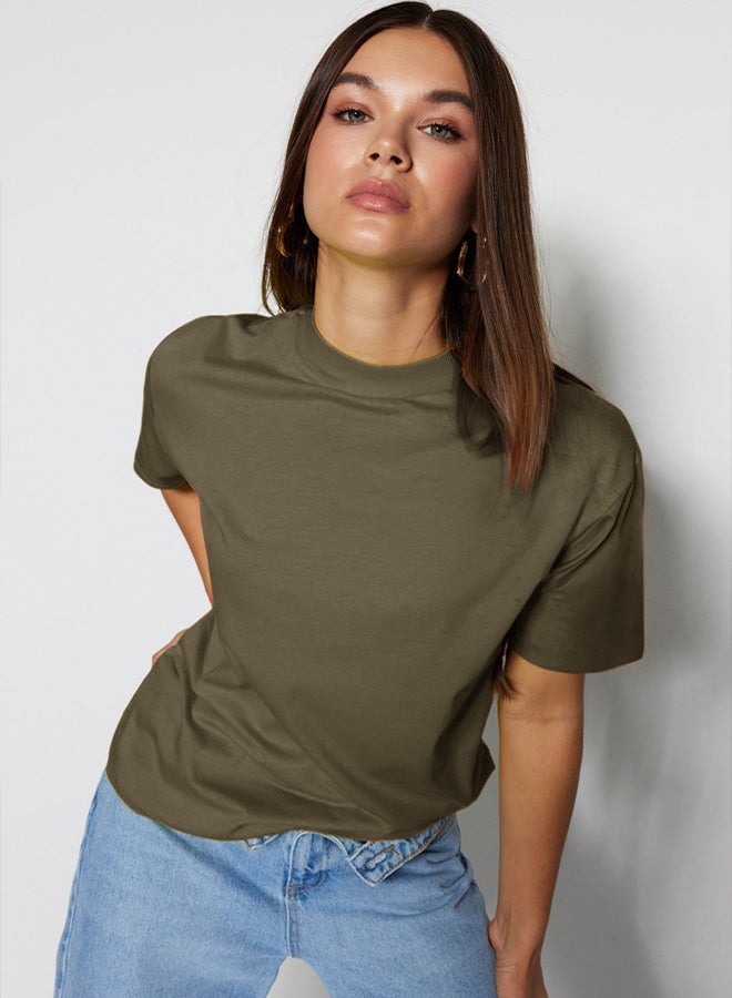 trendyol Dark Khaki 100% Cotton Basic Regular/Normal Pattern Stand Collar Knitted T-Shirt - Image 1