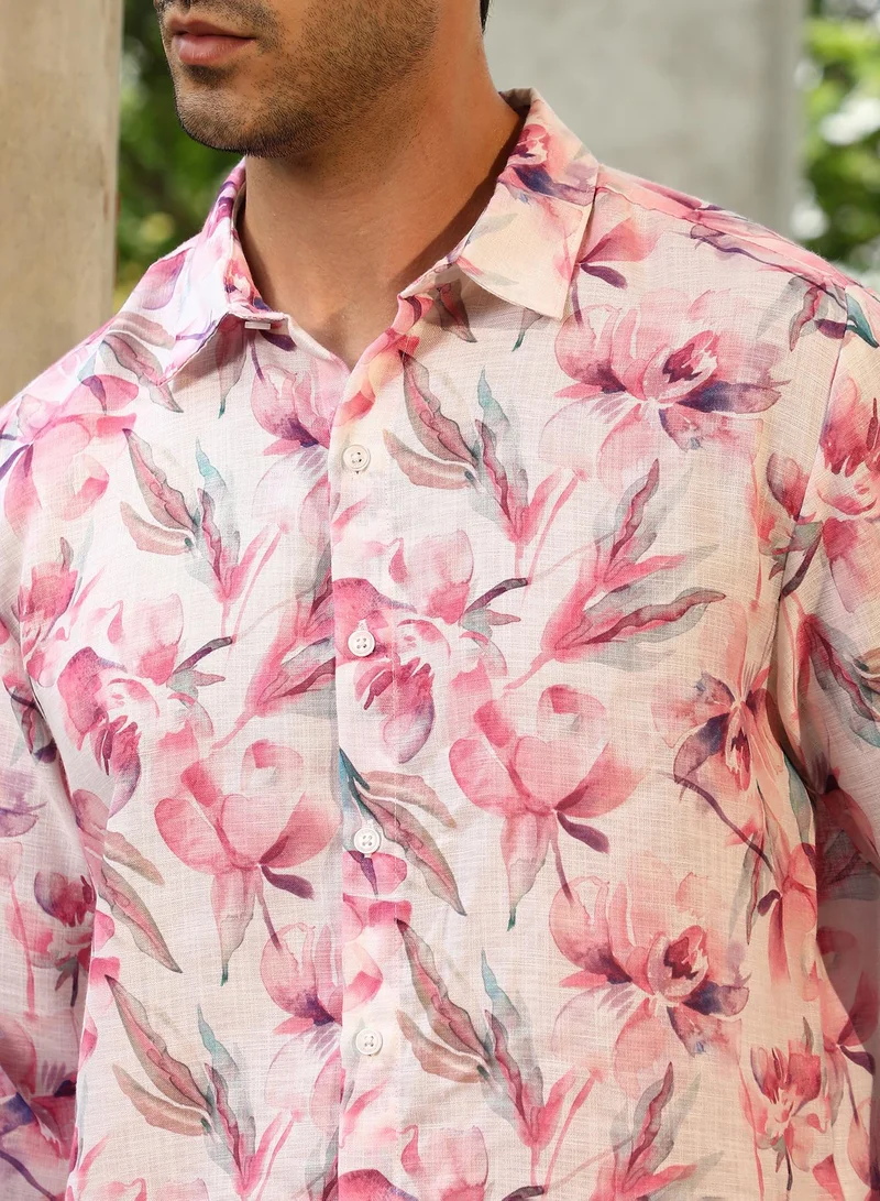 Campus Sutra Men's Rose Pink Water-Lily Shirt