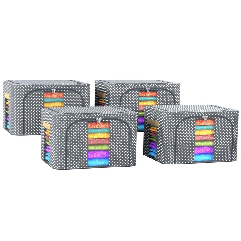 Urbane Home Urbane Home Pack of 4 Clothes Storage Box 66 Liter Wardrobe Organizer Parachute Steel Frame Drawer Organizer Waterproof Underbed Storage Box for Blankets Dot Print Grey  - Image 1