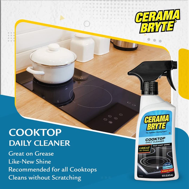 Cerama Bryte Daily Spray Cooktop and Stove Top Cleaner for Glass & Pads Combo Kit - Ceramic Surfaces, 16 Fluid Ounces, 4 Piece Set - Image 2