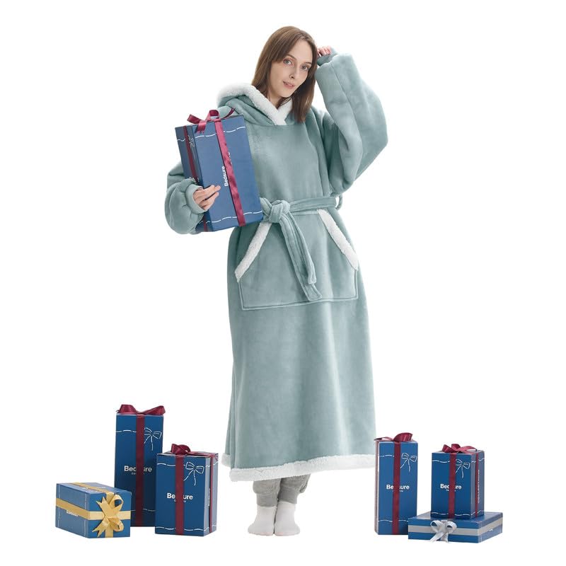 Bedsure Bedsure Wearable Blanket Hoodie Women - Long Sherpa Fleece Hooded Blanket for Teens Adult  Warm Cozy Blanket Sweatshirt with Giant Pocket and Belt  Winter Gifts for Girls  Small  Light Green  - Image 1