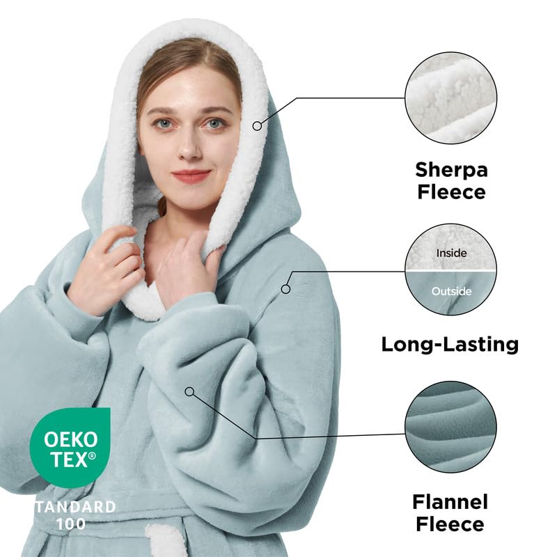 Bedsure Bedsure Wearable Blanket Hoodie Women - Long Sherpa Fleece Hooded Blanket for Teens Adult  Warm Cozy Blanket Sweatshirt with Giant Pocket and Belt  Winter Gifts for Girls  Small  Light Green  - Image 2