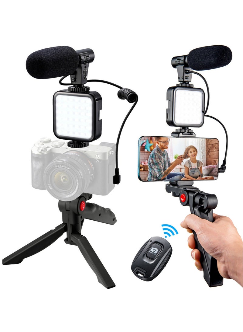 Vlogging"Like Me" LED Video Light + Microphone + Mobile Phone Holder + Hand Grip/Mini Tripod Compatible with Smartphones for TikTok, Youtube, Live Streaming and Meetings - Image 1
