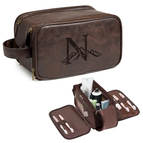 Janhavi Birthday Gifts For Husband Personalized Laser Engraved Initials Mountain Make Up Bag Traveling Mens Accessories Organizer Mens Travel Bag Toiletry Gifts for Him Dark Brown N - Image 1
