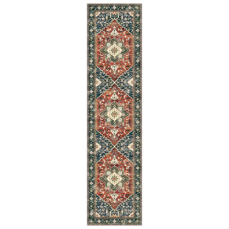 Yamaziot Washable Runner Rug, 2x8 Non-Slip Boho Vintage Hallway Rug Runner with Rubber Backing, Stain Resistant & Low Pile Faux Wool Distressed Carpet Runner for Kitchen, Laundry, Entrance, Brick Red - Image 2