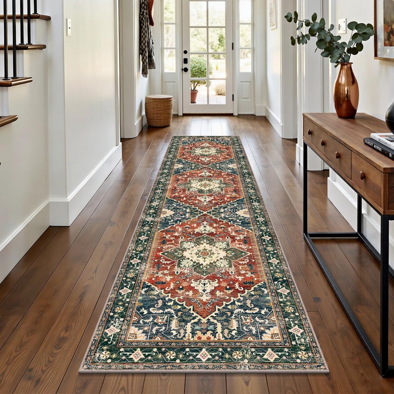 Yamaziot Washable Runner Rug, 2x8 Non-Slip Boho Vintage Hallway Rug Runner with Rubber Backing, Stain Resistant & Low Pile Faux Wool Distressed Carpet Runner for Kitchen, Laundry, Entrance, Brick Red - Image 1
