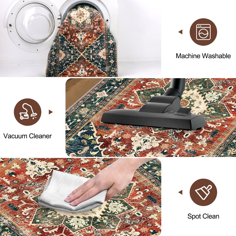 Yamaziot Washable Runner Rug, 2x8 Non-Slip Boho Vintage Hallway Rug Runner with Rubber Backing, Stain Resistant & Low Pile Faux Wool Distressed Carpet Runner for Kitchen, Laundry, Entrance, Brick Red - Image 5