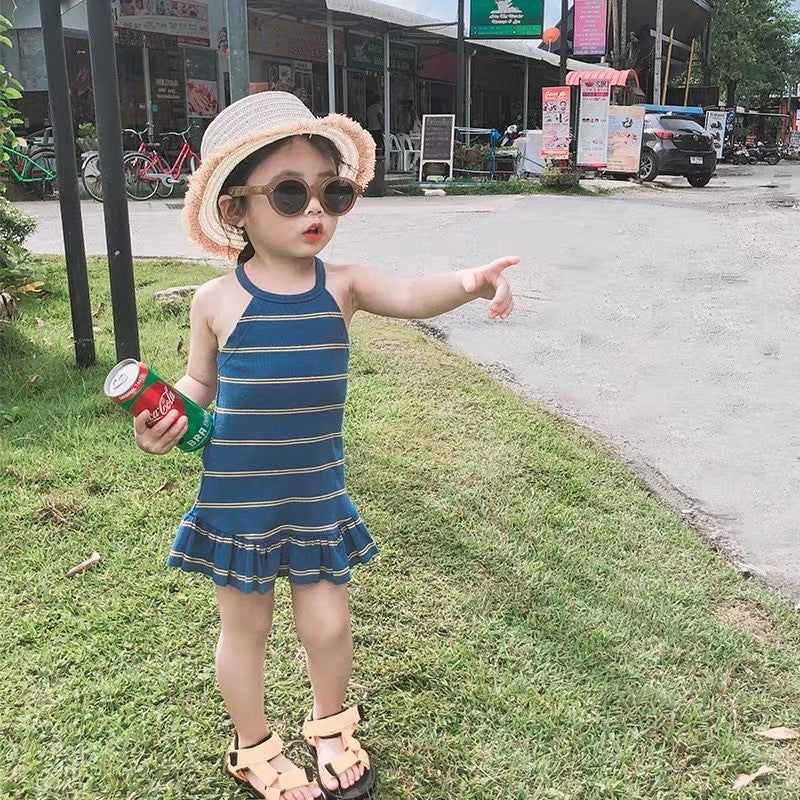 Childrens star round girls summer new dress Korean style baby girls floral bow lace vest skirt 622-Blue