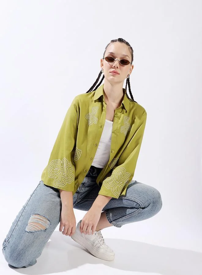 HIGH STAR Multicolor Women'S Multicolour 100% Cotton Embroidered Button Down Oversized Shirt for Women | Best Price UAE