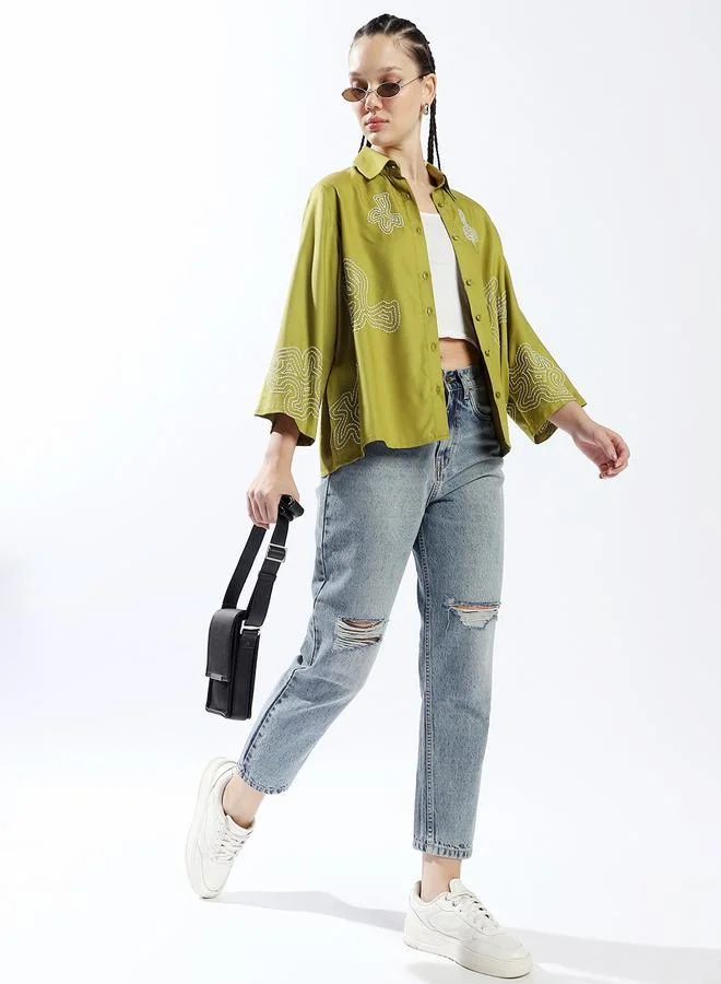 هاي ستار قميص نسائي واسع بأزرار مطرز بالقطن 1% متعدد الألوان