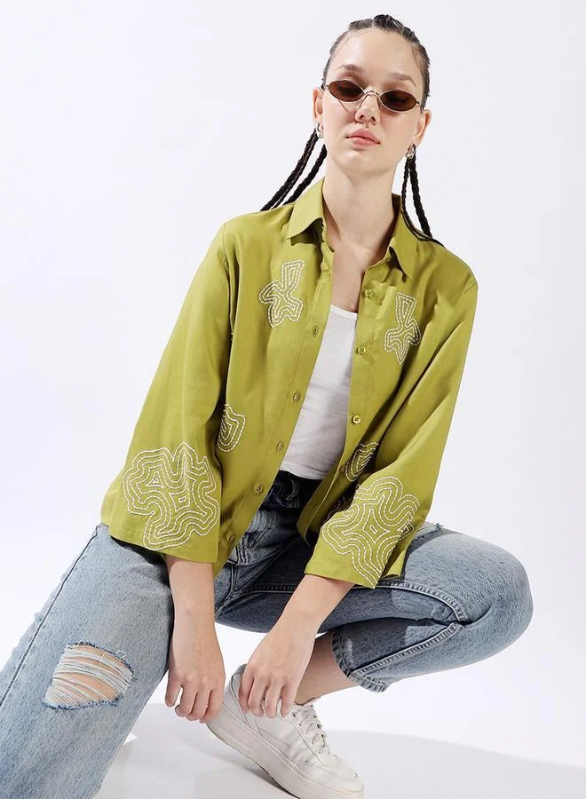 هاي ستار قميص نسائي واسع بأزرار مطرز بالقطن 1% متعدد الألوان