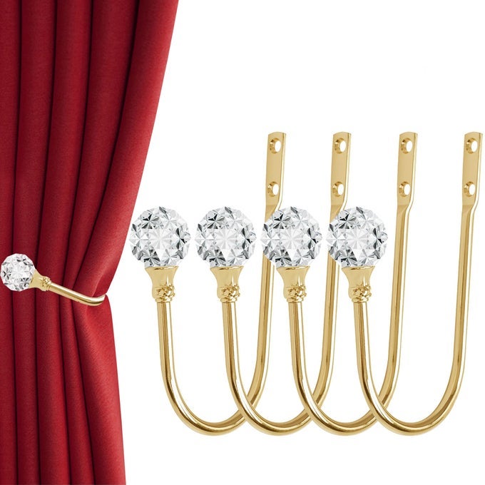 Curtain Holdback 4Pcs Wall Mounted Drapery Tiebacks with Clear Crystal Ball Heavy Duty Metal Decorative Window Drapery Curtain Holder Curtain Hooks with Screws Sliver