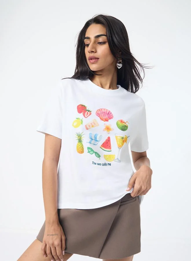 The Souled Store White Beach Vibe Relaxed Fit T-Shirt