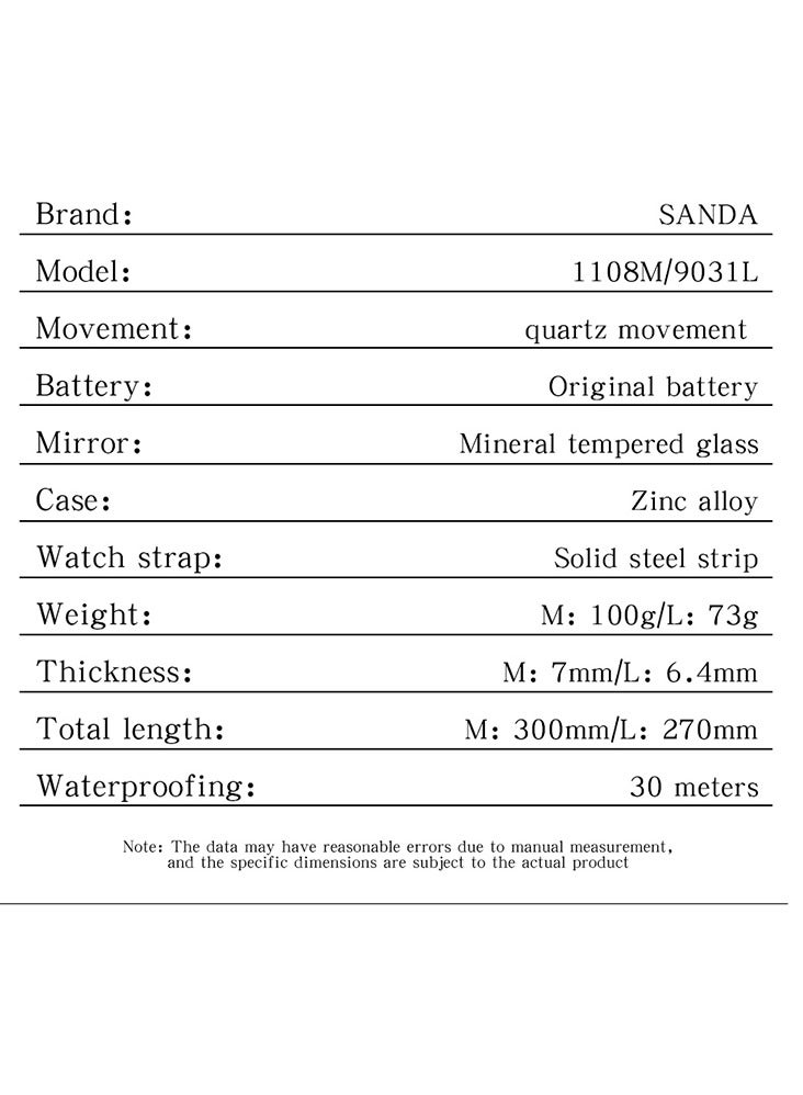 SANDA Men Quartz Watch Waterproof Casual Fashion Men Quartz Watches Wear Resistant Stainless steel Strap Square Dial Design Business Wristwatch Male - Image 4
