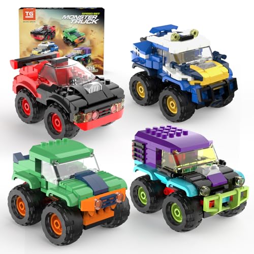 TG BLOCKS 4 Pack Monster Truck Micro Brick Building Blocks Set Pull Back Car Toy Vehicles Set Birthday Party Favor or Gift for Teens Ages 8 Kids - Image 1