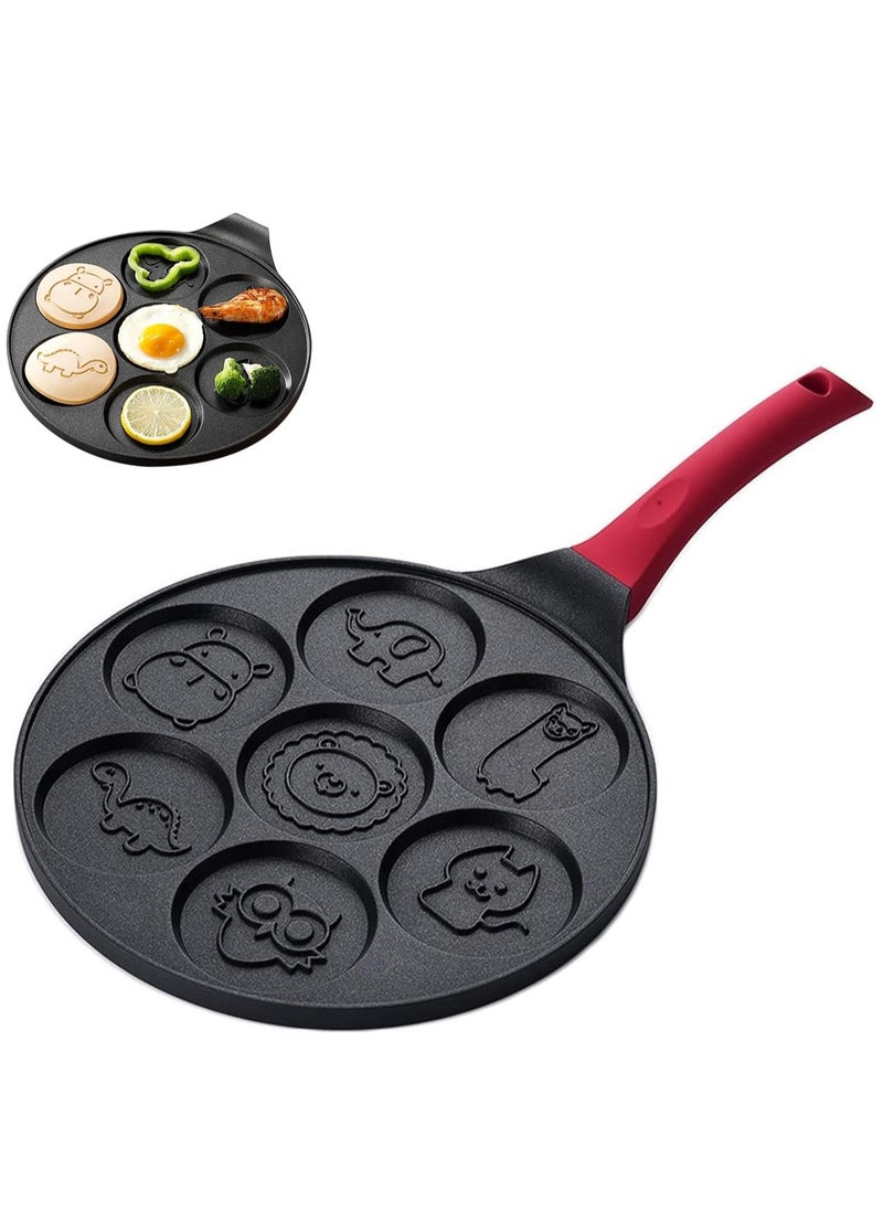 RATSAW Mini Pancake Maker for Kids Nonstick Waffle Maker Breakfast Pan Egg Cooker Pan Egg Skillet Mini Pancakes Pan 7 Hole Cartoon Animal Pattern PFOA FreeCompatible fried egg pan 10.5 In for All Cooktops  - Image 1