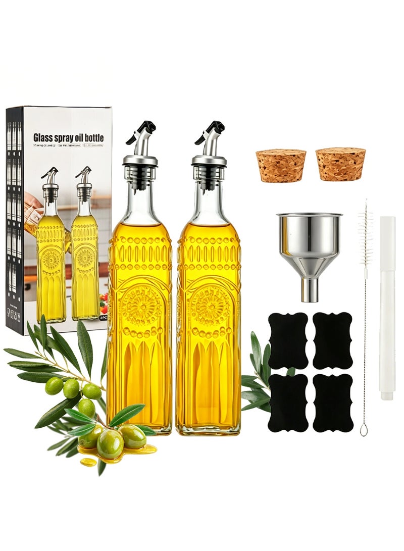 Bincoo 2 Pcs Olive Oil Dispenser Bottle 17oz/500ML  for Kitchen, Glass Premium Oil and Vinegar Cruet, Oil and Vinegar Dispenser Set with Stainless Steel Pourers, Funnel, Labels, Plugs - Image 1