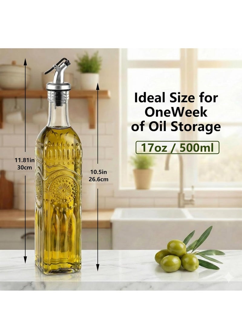 Bincoo 2 Pcs Olive Oil Dispenser Bottle 17oz/500ML  for Kitchen, Glass Premium Oil and Vinegar Cruet, Oil and Vinegar Dispenser Set with Stainless Steel Pourers, Funnel, Labels, Plugs - Image 2