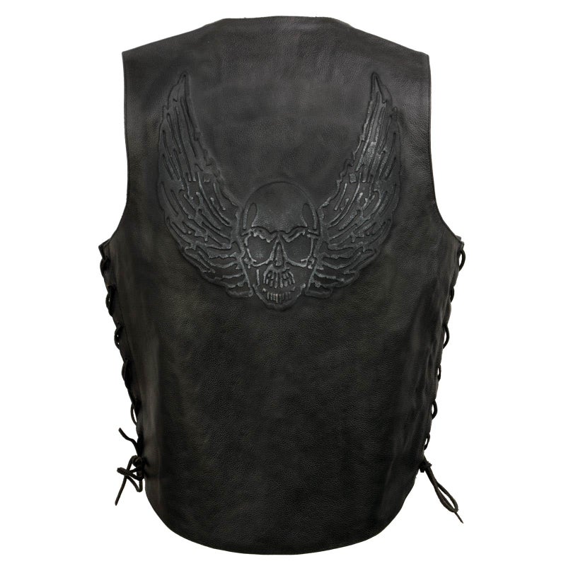 EVENT LEATHER ELM3905 Mens Mayhem 100 Genuine Motorcycle Leather Vest Biker Vests with Embossed Skull Wing Small