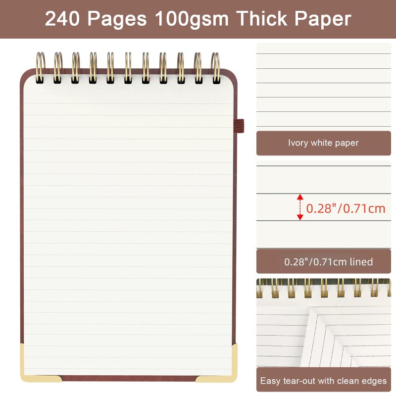 Mousbull Aesthetic Top Spiral Notebook, A5 Linen Hardcover Top Bound Steno Pads, 240 Pages 100gsm Thick Lined Paper Left Handed Notebook Journal for Work, School, Church Writing - Brown, 5.9" x 8.5" - Image 4