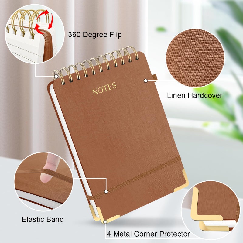 Mousbull Aesthetic Top Spiral Notebook, A5 Linen Hardcover Top Bound Steno Pads, 240 Pages 100gsm Thick Lined Paper Left Handed Notebook Journal for Work, School, Church Writing - Brown, 5.9" x 8.5" - Image 2