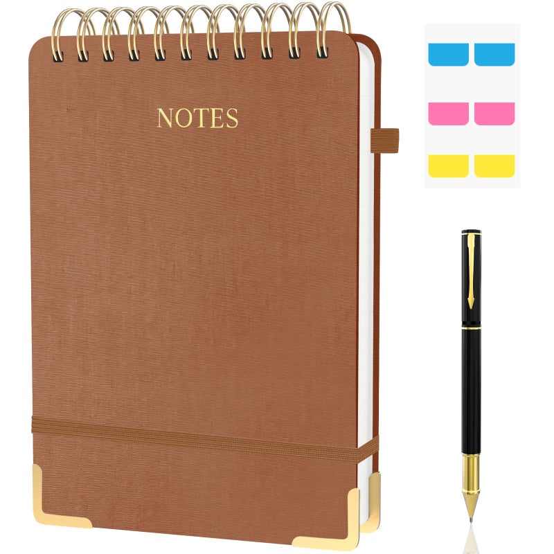 Mousbull Aesthetic Top Spiral Notebook, A5 Linen Hardcover Top Bound Steno Pads, 240 Pages 100gsm Thick Lined Paper Left Handed Notebook Journal for Work, School, Church Writing - Brown, 5.9" x 8.5" - Image 1