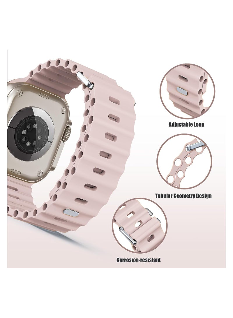 Soft Silicone Ocean Sports Strap Compatible Apple Watch Ultra 49mm 45mm 44mm 42mm for Men Women, Adjustible Watch Band for Apple Watch Ultra/SE/Series 9/8/7/6/5/4/3/2/1 - Pink Sand