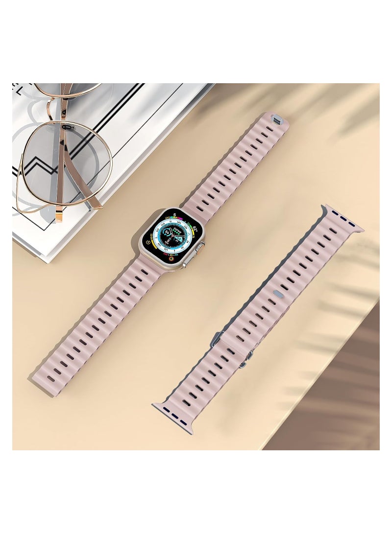 Soft Silicone Ocean Sports Strap Compatible Apple Watch Ultra 49mm 45mm 44mm 42mm for Men Women, Adjustible Watch Band for Apple Watch Ultra/SE/Series 9/8/7/6/5/4/3/2/1 - Pink Sand